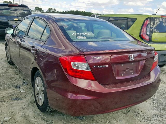 19XFB2F57CE090651 - 2012 HONDA CIVIC LX BURGUNDY photo 3