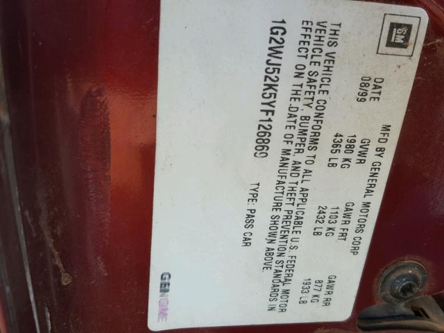 1G2WJ52K5YF126869 - 2000 PONTIAC GRAND PRIX MAROON photo 10