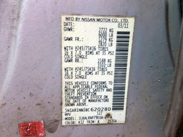 5N1AR1NN5BC620280 - 2011 NISSAN PATHFINDER SILVER photo 10