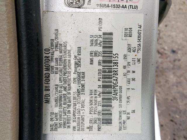 3FAHP0GA7BR138155 - 2011 FORD FUSION S SILVER photo 10