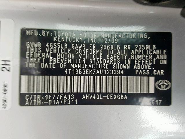 4T1BB3EK7AU123394 - 2010 TOYOTA CAMRY HYBR SILVER photo 10