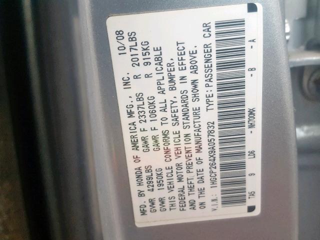 1HGCP264X9A057832 - 2009 HONDA ACCORD LXP SILVER photo 10