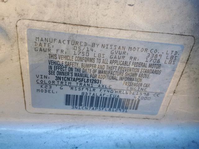 3N1CN7AP5FL812931 - 2015 NISSAN VERSA S SILVER photo 10