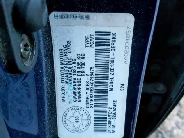 2T1BR32E24C795475 - 2004 TOYOTA COROLLA CE Mavi foto 10