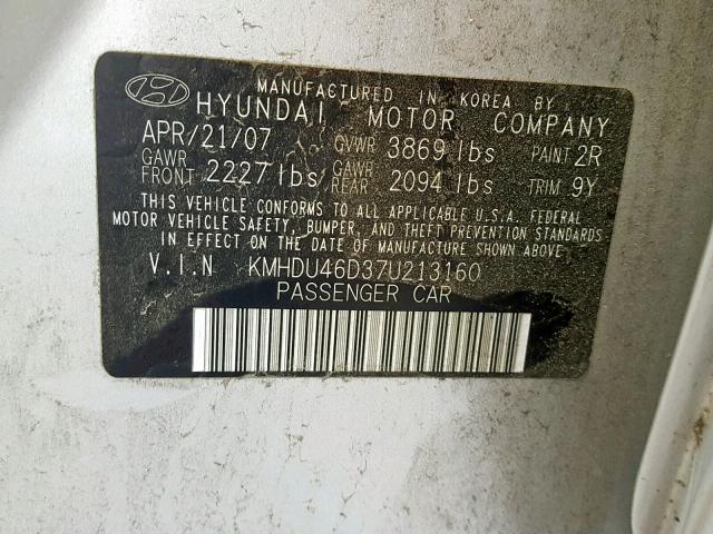 KMHDU46D37U213160 - 2007 HYUNDAI ELANTRA GL SILVER photo 10