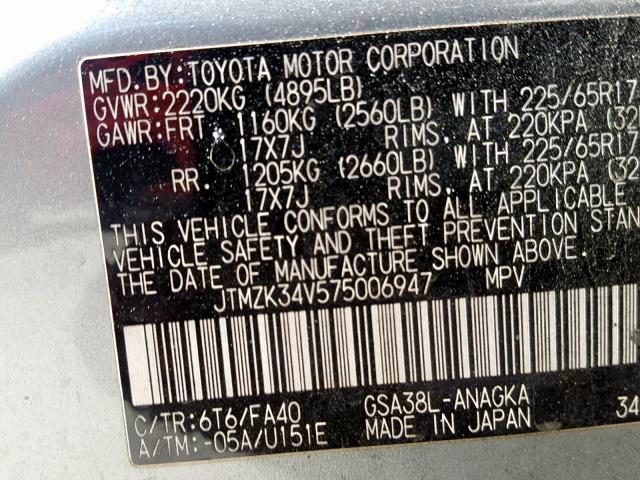 JTMZK34V575006947 - 2007 TOYOTA RAV4 LIMIT GRAY photo 10