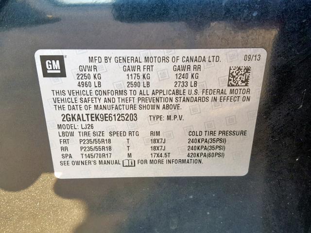 2GKALTEK9E6125203 - 2014 GMC TERRAIN SL BLACK photo 10