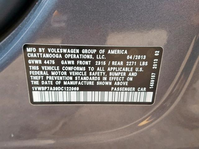 1VWBP7A39DC122069 - 2013 VOLKSWAGEN PASSAT SE GRAY photo 10