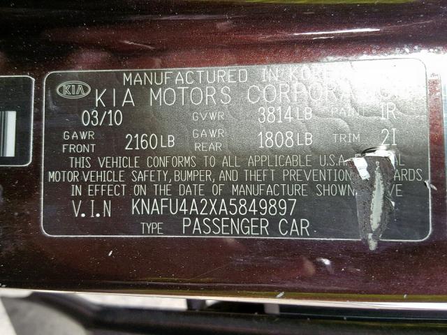KNAFU4A2XA5849897 - 2010 KIA FORTE EX BURGUNDY photo 10