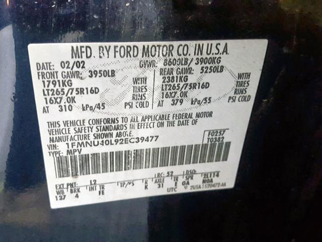 1FMNU40L92EC39477 - 2002 FORD EXCURSION BLUE photo 10