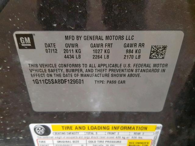 1G11C5SA8DF129601 - 2013 CHEVROLET MALIBU 1LT GRAY photo 10