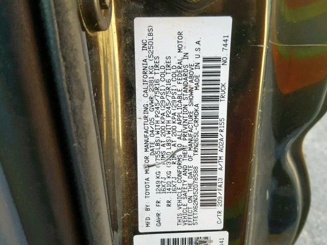 5TETX62N35Z078588 - 2005 TOYOTA TACOMA PRE BLACK photo 10