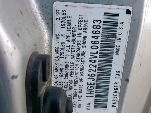 1HGEJ6224VL064683 - 1997 HONDA CIVIC DX 银色 照片 10