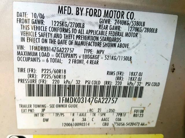 1FMDK03147GA22757 - 2007 FORD FREESTYLE SILVER photo 10