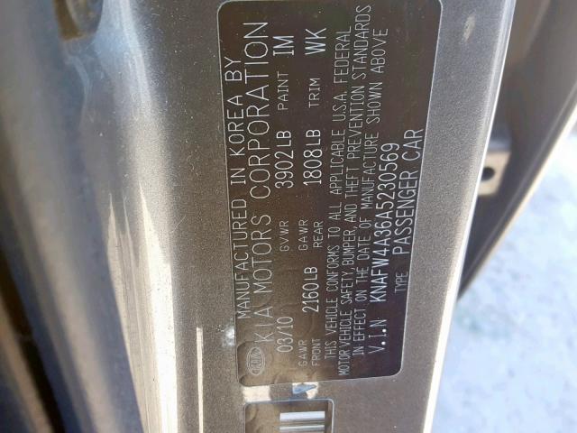 KNAFW4A36A5230569 - 2010 KIA FORTE SX GRAY photo 10