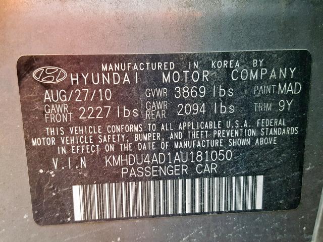 KMHDU4AD1AU181050 - 2010 HYUNDAI ELANTRA BL GRAY photo 10