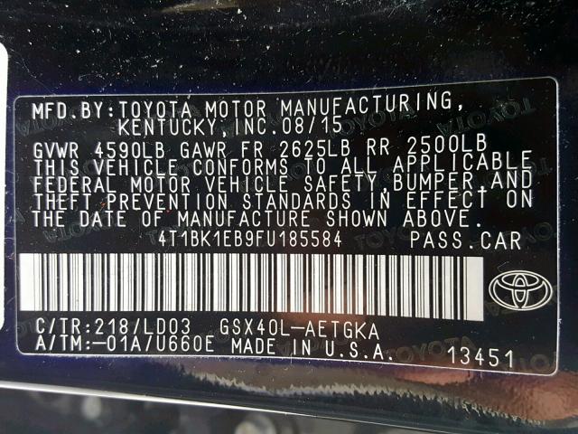 4T1BK1EB9FU185584 - 2015 TOYOTA AVALON XLE BLACK photo 10