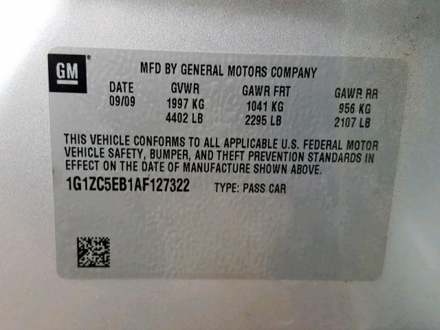 1G1ZC5EB1AF127322 - 2010 CHEVROLET MALIBU 1LT 银色 照片 10