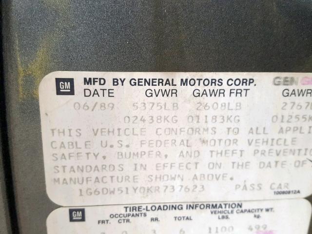 1G6DW51Y0KR737623 - 1989 CADILLAC BROUGHAM GRAY photo 10