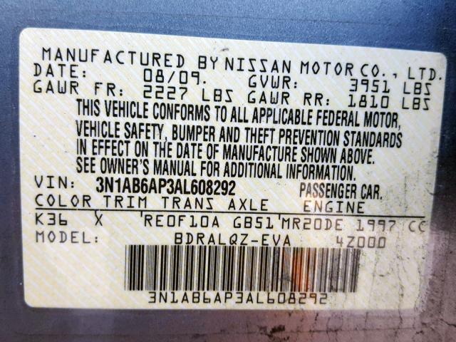 3N1AB6AP3AL608292 - 2010 NISSAN SENTRA 2.0 GRAY photo 10