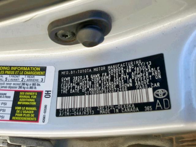 2T1BURHEXEC072466 - 2014 TOYOTA COROLLA L ვერცხლისფერი ფოტო 10