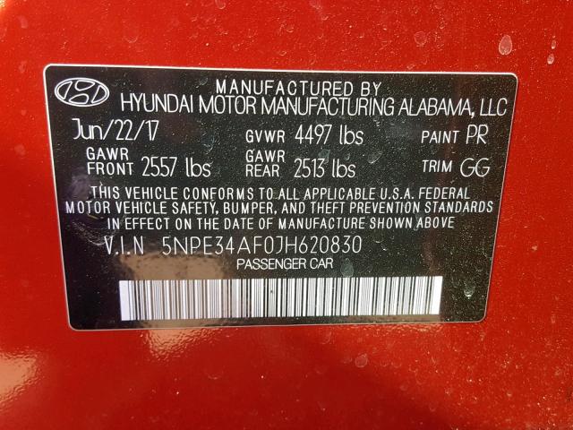 5NPE34AF0JH620830 - 2018 HYUNDAI SONATA SPO BURGUNDY photo 10