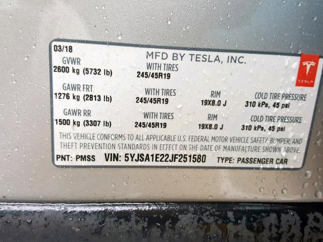 5YJSA1E22JF251580 - 2018 TESLA MODEL S SILVER photo 10