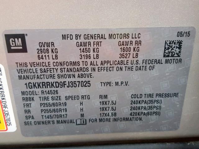 1GKKRRKD9FJ357025 - 2015 GMC ACADIA SLT 金色 照片 10