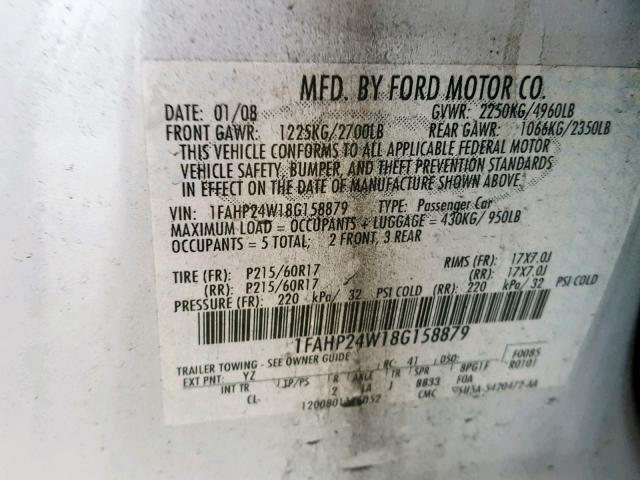 1FAHP24W18G158879 - 2008 FORD TAURUS SEL WHITE photo 10