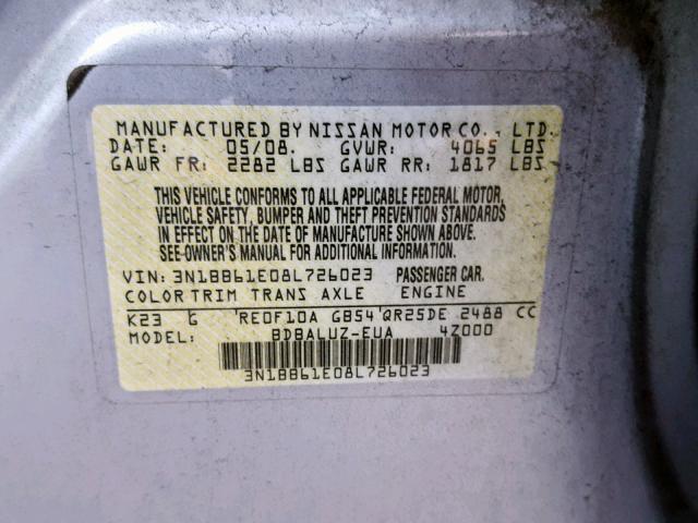 3N1BB61E08L726023 - 2008 NISSAN SENTRA SE- SILVER photo 10