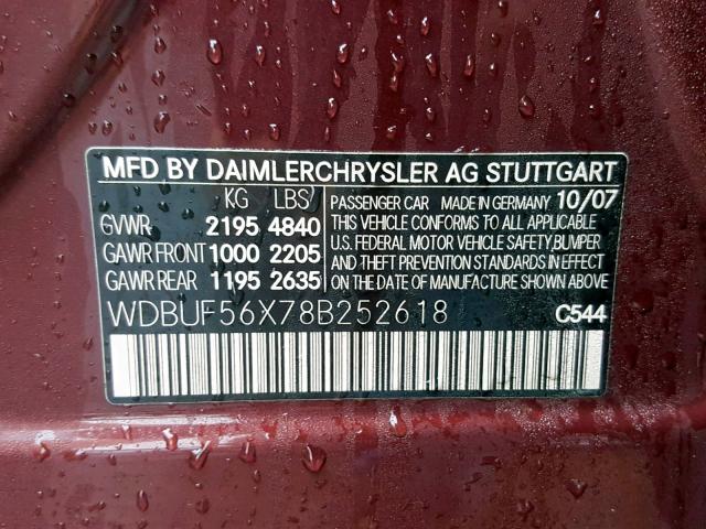 WDBUF56X78B252618 - 2008 MERCEDES-BENZ E 350 BURGUNDY photo 10