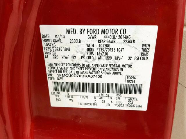 1FMCU0D70BKA07400 - 2011 FORD ESCAPE XLT BURGUNDY photo 10