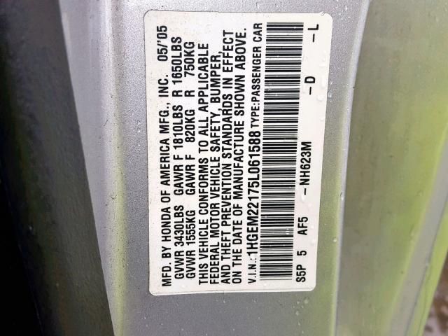 1HGEM22175L061588 - 2005 HONDA CIVIC DX V SILVER photo 10