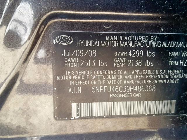 5NPEU46C39H486368 - 2009 HYUNDAI SONATA SE GRAY photo 10