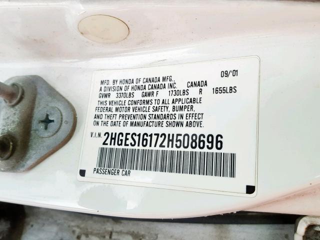 2HGES16172H508696 - 2002 HONDA CIVIC DX WHITE photo 10