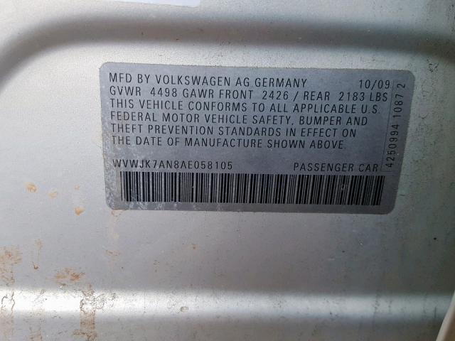 WVWJK7AN8AE058105 - 2010 VOLKSWAGEN PASSAT KOM SILVER photo 10