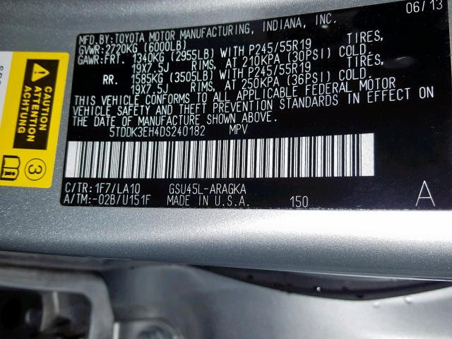 5TDDK3EH4DS240182 - 2013 TOYOTA HIGHLANDER SILVER photo 10