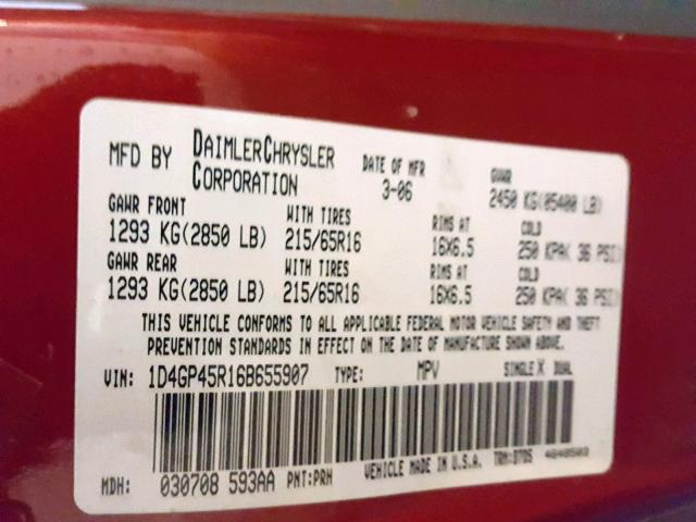 1D4GP45R16B655907 - 2006 DODGE CARAVAN SX RED photo 10