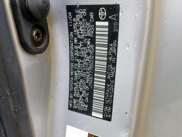 JTKDE177550027528 - 2005 TOYOTA SCION TC ვერცხლისფერი ფოტო 10