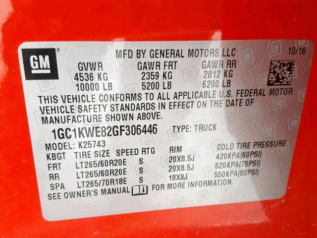 1GC1KWE82GF306446 - 2016 CHEVROLET SILVERADO RED photo 10