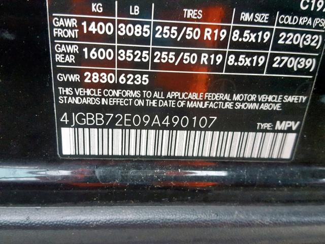 4JGBB72E09A490107 - 2009 MERCEDES-BENZ ML 550 BLACK photo 10