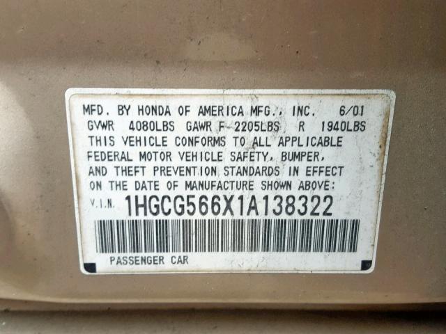 1HGCG566X1A138322 - 2001 HONDA ACCORD EX BROWN photo 10