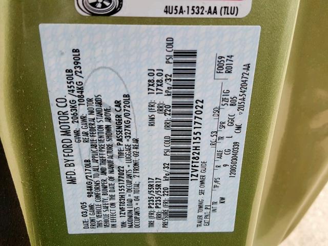 1ZVFT82H155177022 - 2005 FORD MUSTANG GT 绿色 照片 10