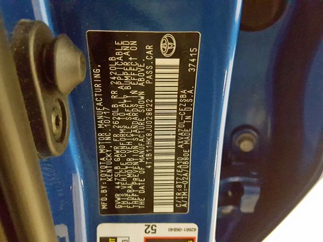 4T1B11HK8JU028622 - 2018 TOYOTA CAMRY L BLUE photo 10