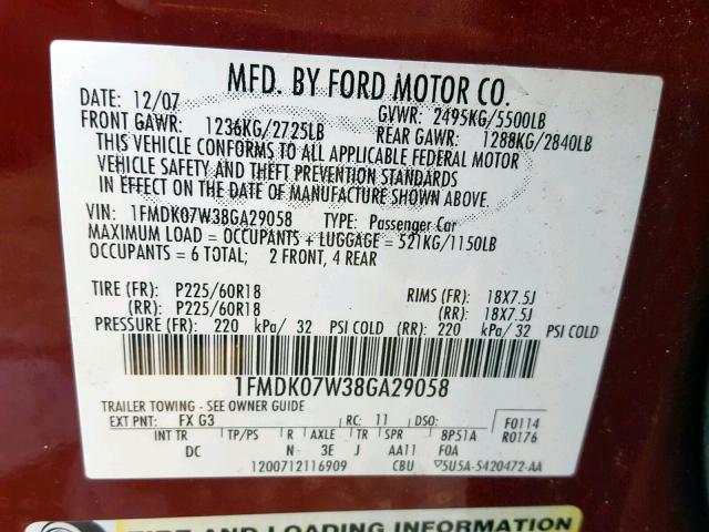 1FMDK07W38GA29058 - 2008 FORD TAURUS X E BURGUNDY photo 10