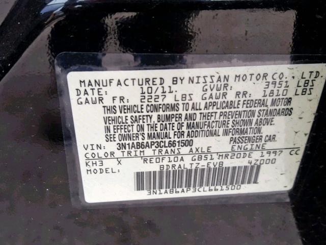 3N1AB6AP3CL661500 - 2012 NISSAN SENTRA 2.0 BLACK photo 10