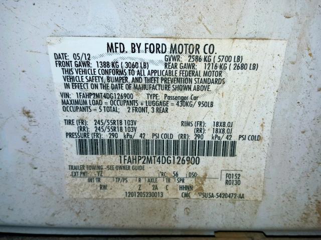 1FAHP2MT4DG126900 - 2013 FORD TAURUS POL WHITE photo 10