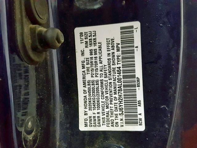 5J6YH2H78AL001464 - 2010 HONDA ELEMENT EX BLUE photo 10