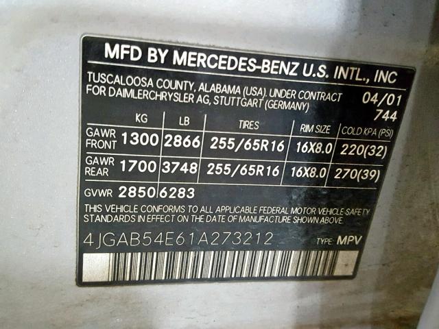 4JGAB54E61A273212 - 2001 MERCEDES-BENZ ML 320 SILVER photo 10