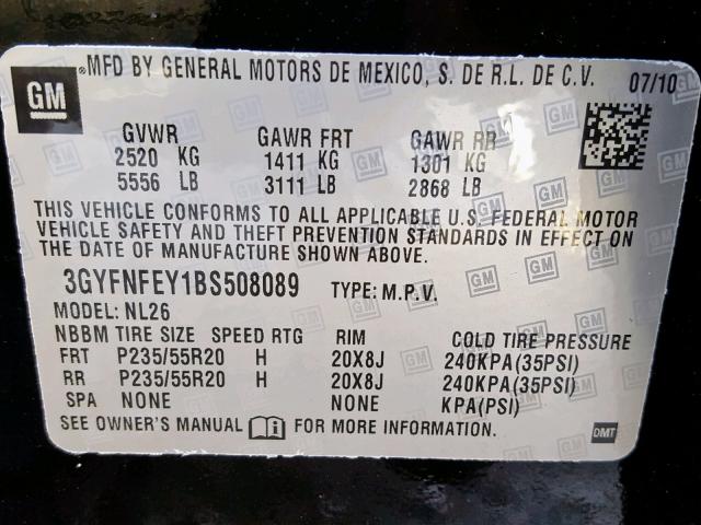 3GYFNFEY1BS508089 - 2011 CADILLAC SRX PREMIU BLACK photo 10